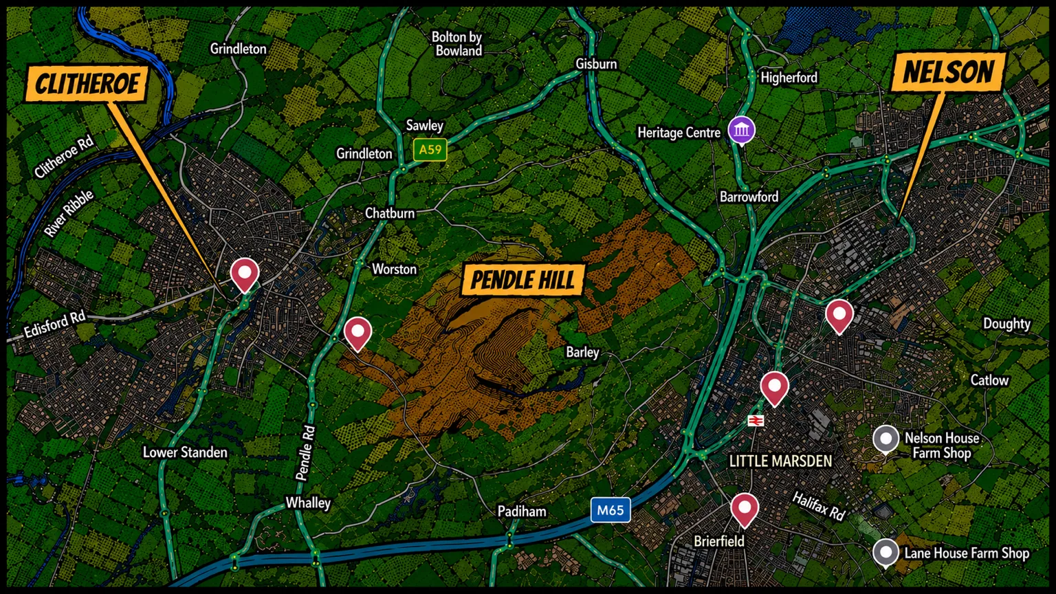 Illustrated comic-book map of the Nelson and Pendle Hill area of Lancashire, with five story locations marked